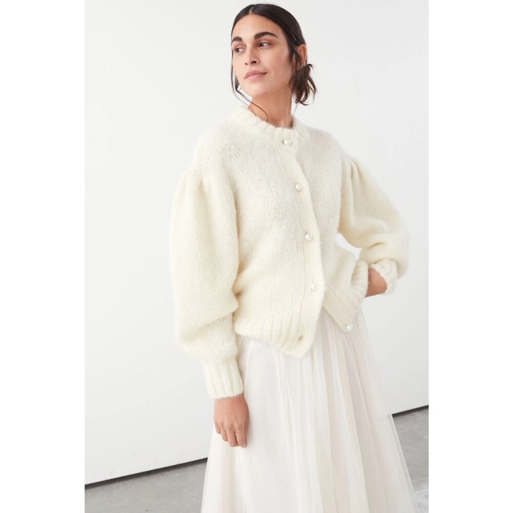 & Other Stories Cream Pearl-Button Puff Sleeve Cardigan